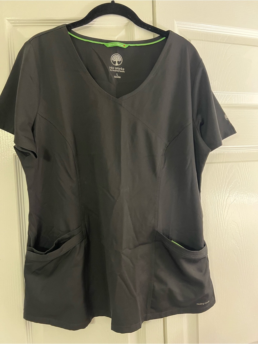 healing hands Black V-Neck Scrub Top with Lime Trim